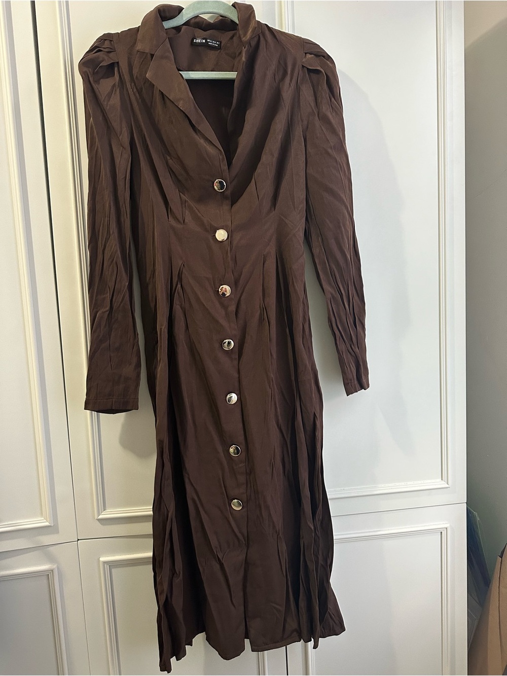 SHEIN Brown Long Sleeve Button-Front Midi Dress